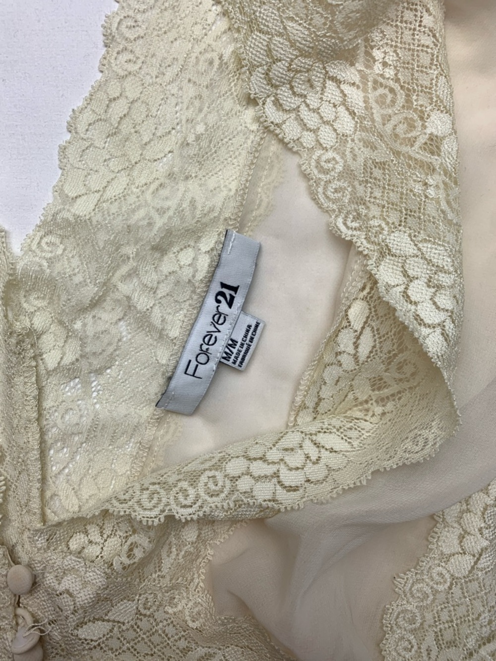 y2k Forever 21 size medium Sheer Lace Trim Button-Front Blouse Cream fairy boho - Picture 2 of 10